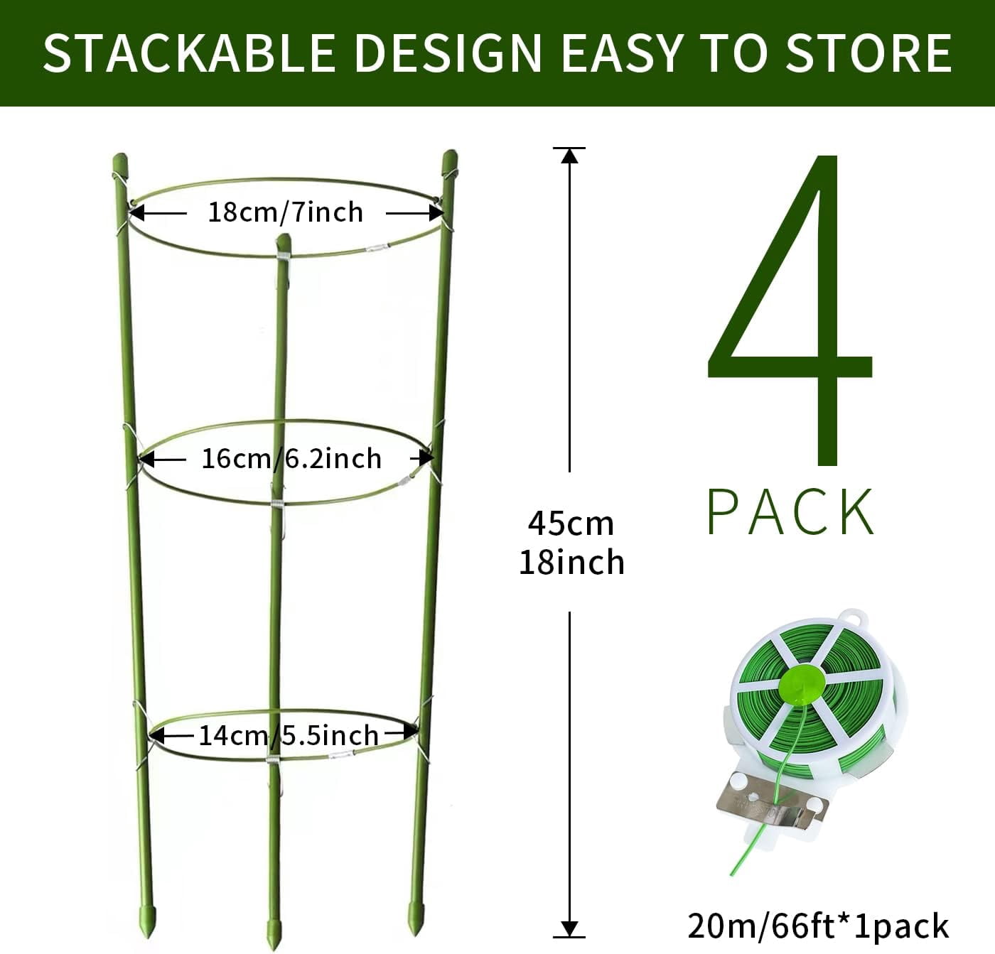4 Pack Tomato Cage for Garden Plant Support, 18 inches Small Tomato Cages Tomato Trellis with Adjustable Rings, Plant Stakes for Peony Support, Tomato Stakes Rings for Climbing Plants
