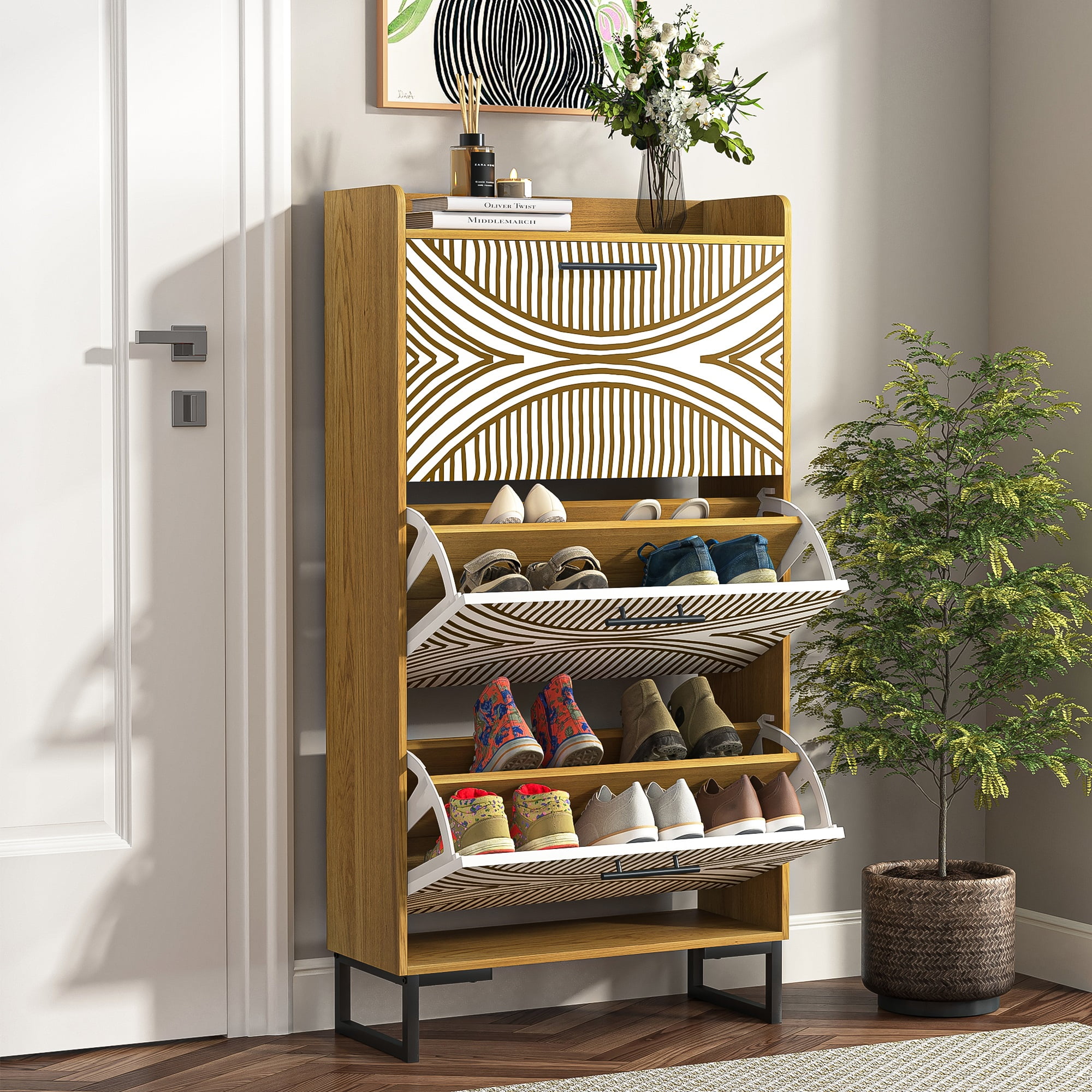 YYAo Entryway Shoe Cabinet, Shoes Storage Organizer Narrow Shoe Storage Rack with Flip Doors, Tipping Bucket Shoe Cabinet for Closet, Living Room, Brown YYAo Entryway Shoe Cabinet, Shoes Storage Organizer Narrow Shoe Storage Rack with Flip Doors, Tipping Bucket Shoe Cabinet for Closet, Living Room, Brown