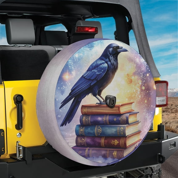 Lotusprinthandmade Crow Bird and Book Spare Tire Cover With Backup Camera Hole