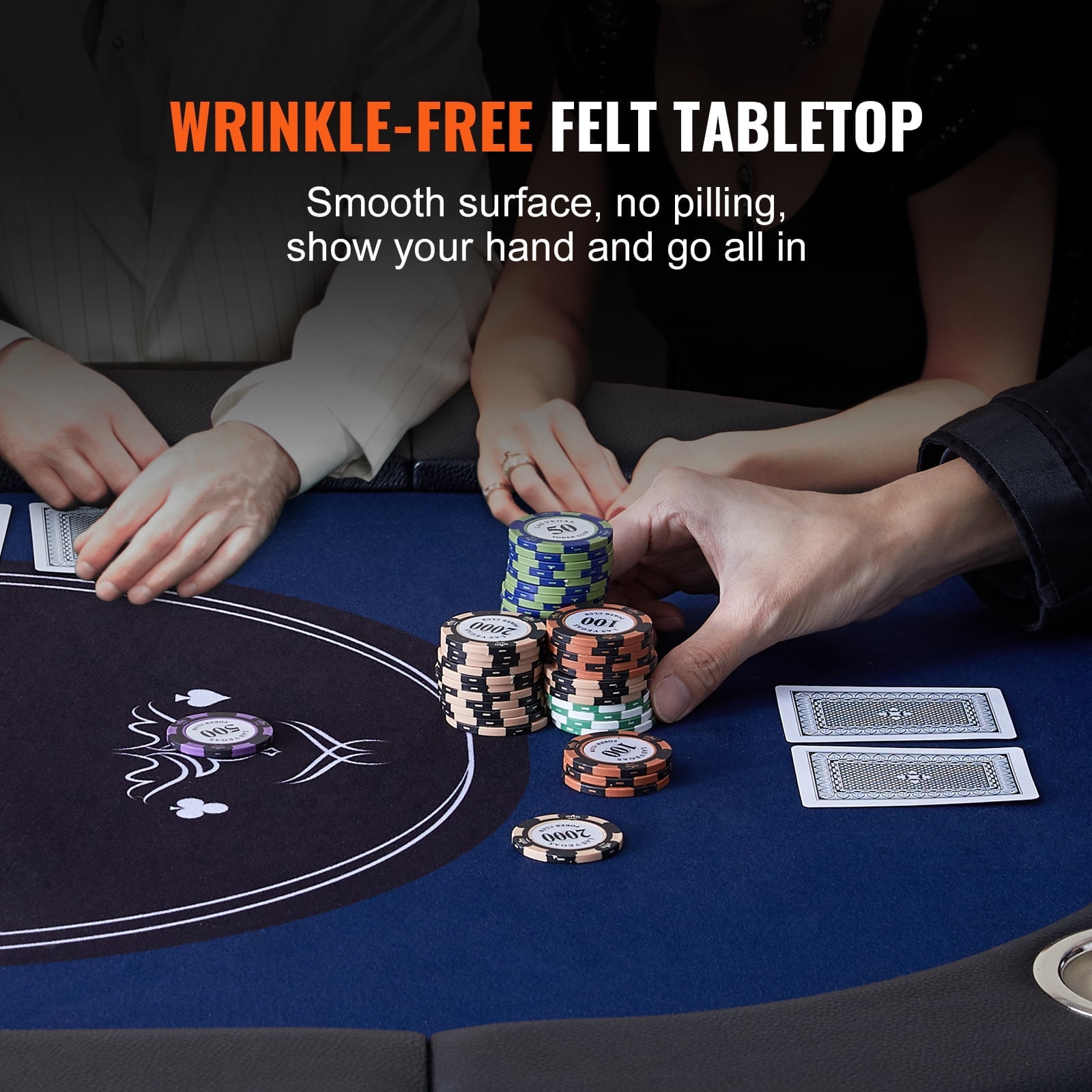 VEVOR 8 Player Foldable Poker Table, Blackjack Texas Holdem Poker Table with Padded Rails and Stainless Steel Cup Holders, Portable Folding Card Board Game Table, 72" Oval Casino Leisure Table, Blue