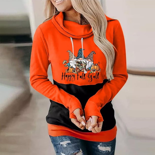 ICHUANYI Clearance Women's Fashion Casual Halloween Printed Long Sleeve Blouse Pile Collar Pullover Tops Sweatershirt(Orange, L) ICHUANYI WER2023081501227