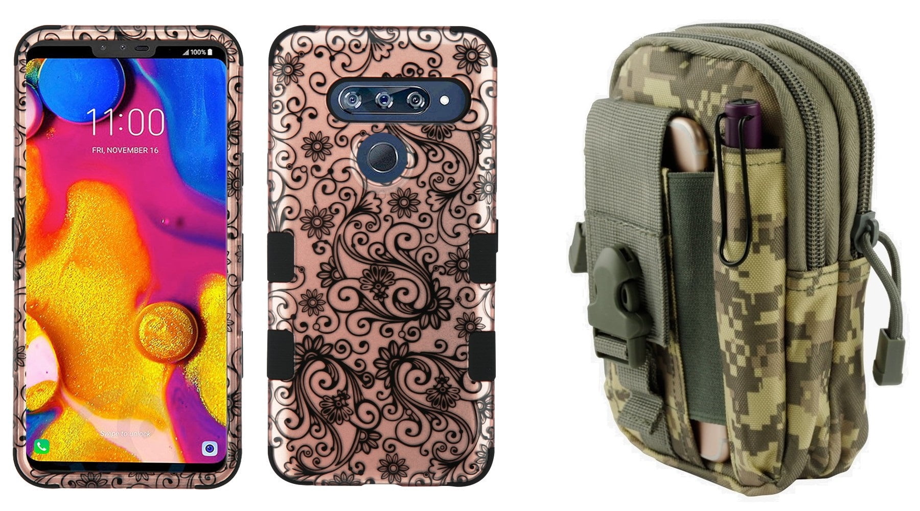 Bemz Accessory Bundle Designed For Lg V40 Thinq Tuff Hybrid Case 2d Rose Gold Pink Vines With Tactical Utility Pack Acu Camo And Atom Cloth For Lg V40 Thinq Walmart Com