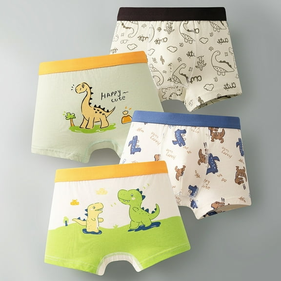 Boys' Boxer Briefs Cartoon Dinosaur Car Boys Briefs For Kids Comfortable Breathable Soft Elastic Waistband Boyshorts Underwear, 4 Pack, 4-14 Years