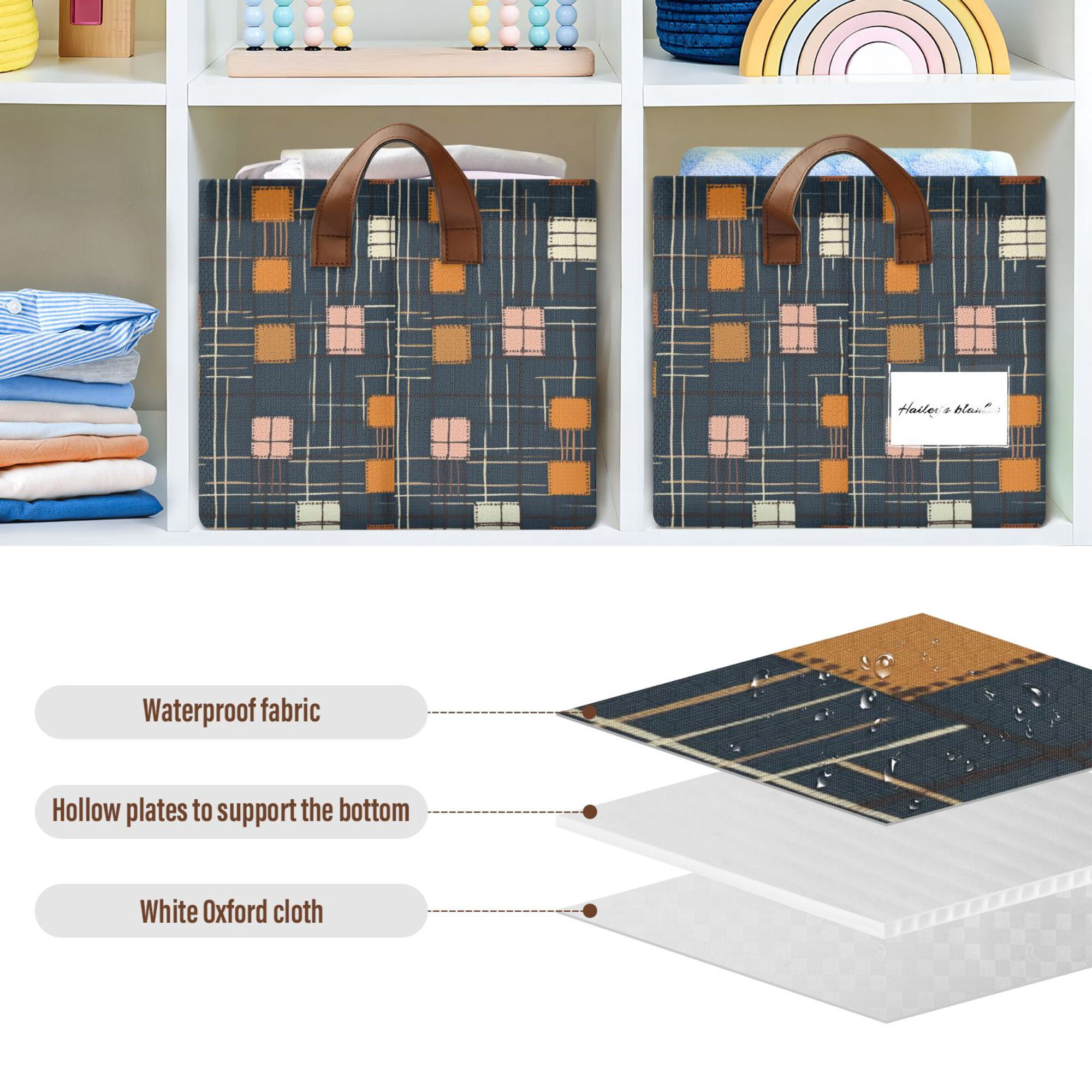 Yayeee Foldable Storage Basket for Shelves Waterproof Cloth Bins with Handles, Orange Checkered Pattern