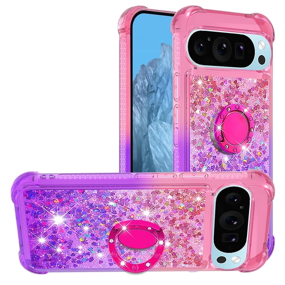 Phone Case for Google Pixel 10/Pixel 10 Pro Case with Ring Kickstand, Cute Glitter Bling Sparkle Quicksand Flowing Liquid Clear Gel Silicone ShockProof Phone Cover-B2