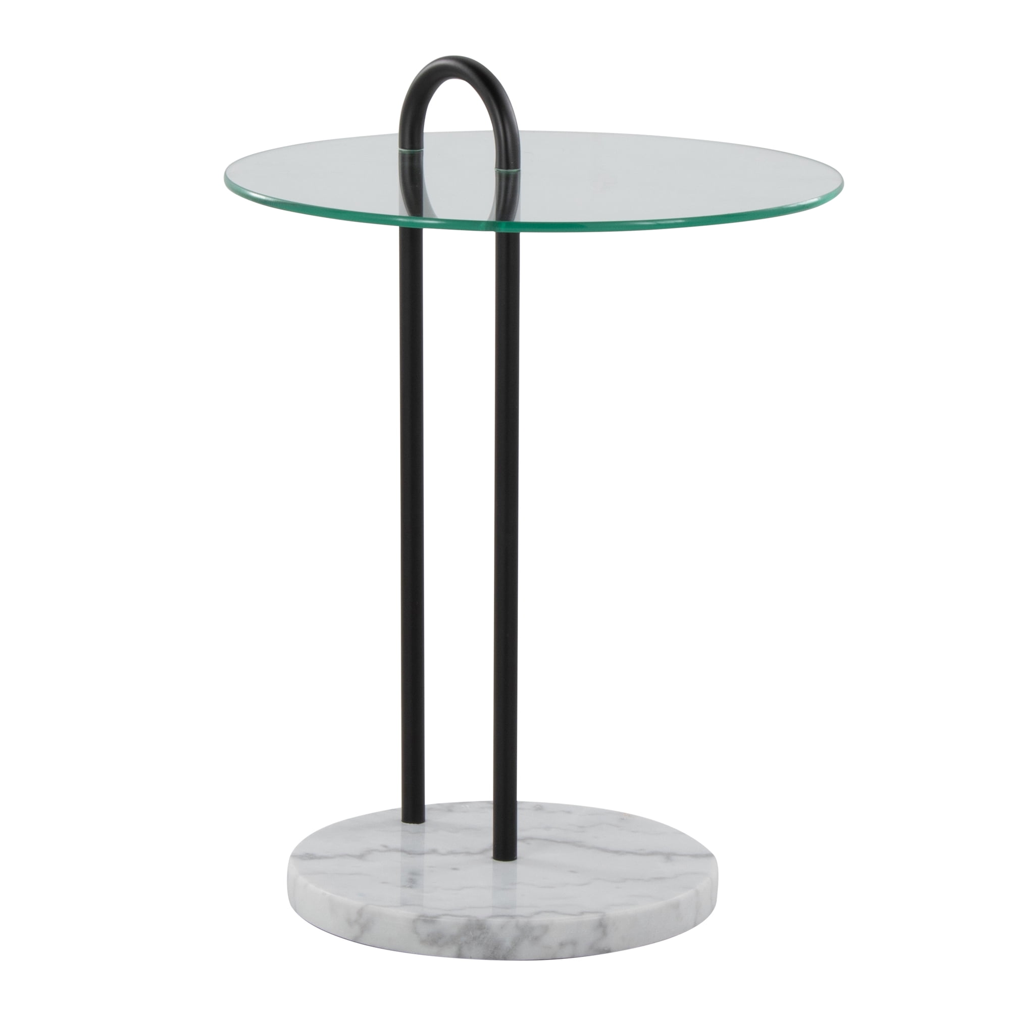 Side Table with Clear Glass Top, White Marble Base and Black Metal Open Frame, Contemporary Glam Style Accent Table for Living Room or Bedroom, 50 lbs Weight Limit, Indoor Use Only