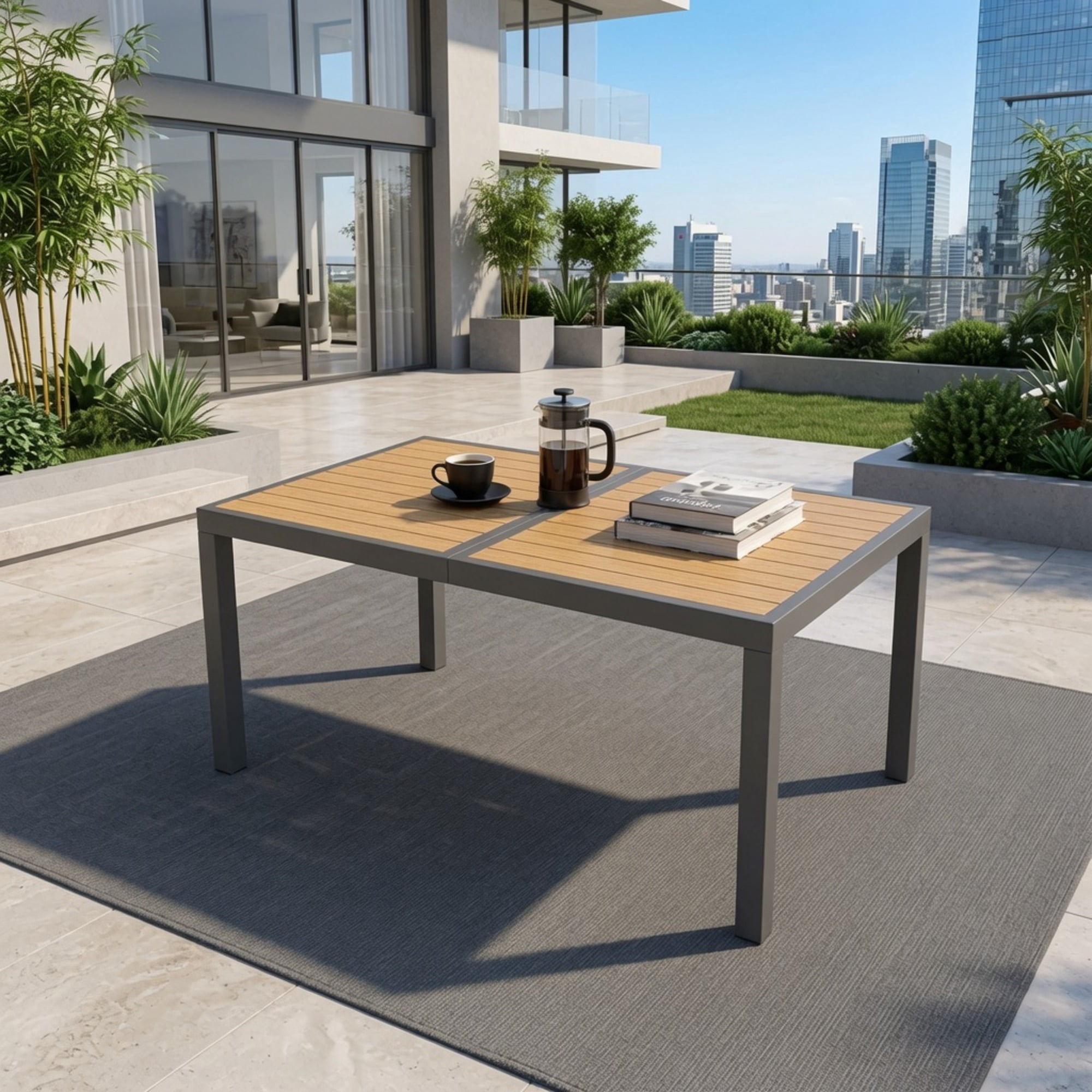 Outdoor Patio Dining Table 59x35x28.7 Inch Grey HDPS Tabletop Aluminum Frame All-Weather for Garden Deck