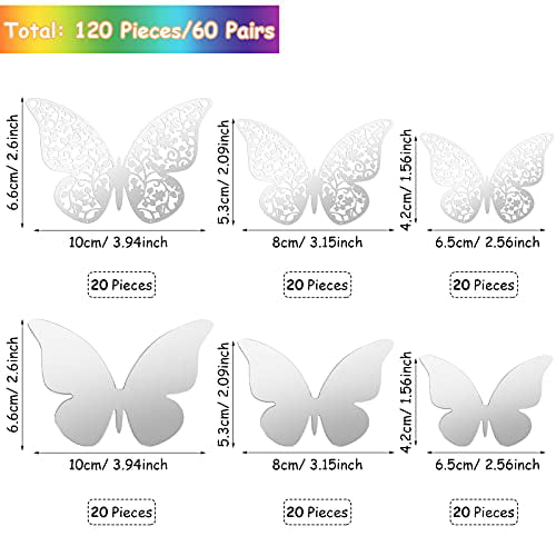 Holographic Silver 120 Pieces 60 Pairs 3D Layered Butterfly Wall Decor Removable Butterfly Stickers Hollow Mural Decals DIY Decorative Wall Art Crafts for Baby Room Home Wedding Decor 