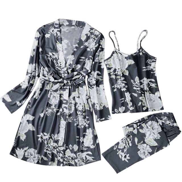 GPOECD Womens Sleepwear Soft Print Cardigan 3 Piece Home Loungewear Set for Spring Autumn Relaxation Pajama Sets Grey,XL