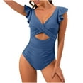 thumbnail image 5 of One-piece Bikini Sets for Women Cutout Padded Short Ruffle Sleeve Deep V-neck Tummy High Waisted Thong Beachwear Swimwear Summer, 5 of 6