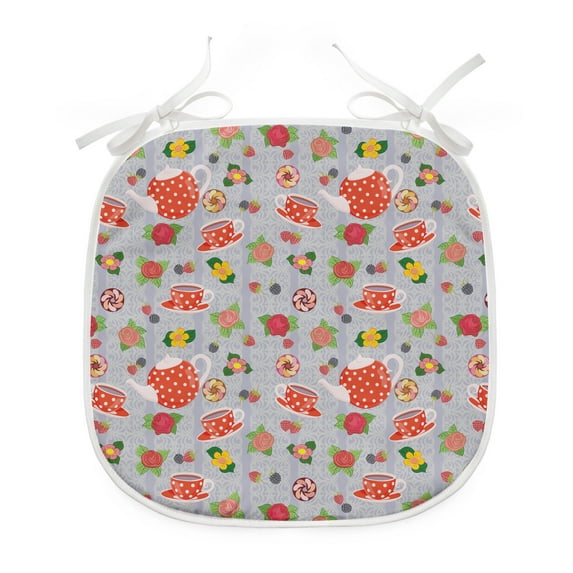 Cartoon Dining Chair Pad, Cartoon Like Tea Pots with Retro Polka Dots in Orange Colored Flowers Art Print, Water Resistant Pillow with Straps for Kitchen Seats, 2 Pieces Set, Multicolor, by Ambesonne