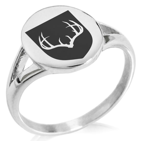 Stainless Steel Antlers Fortitude Coat of Arms Shield Minimalist Oval Top Polished Statement Signet Ring