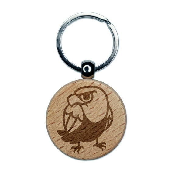 Cute and Grumpy Bald Eagle Round Keychain Charm Tag - Engraved Wood