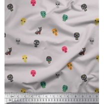 Soimoi Gray polyester Crepe Fabric Skull & Cat Tribal Printed Craft Fabric by the Yard 52 Inch Wide