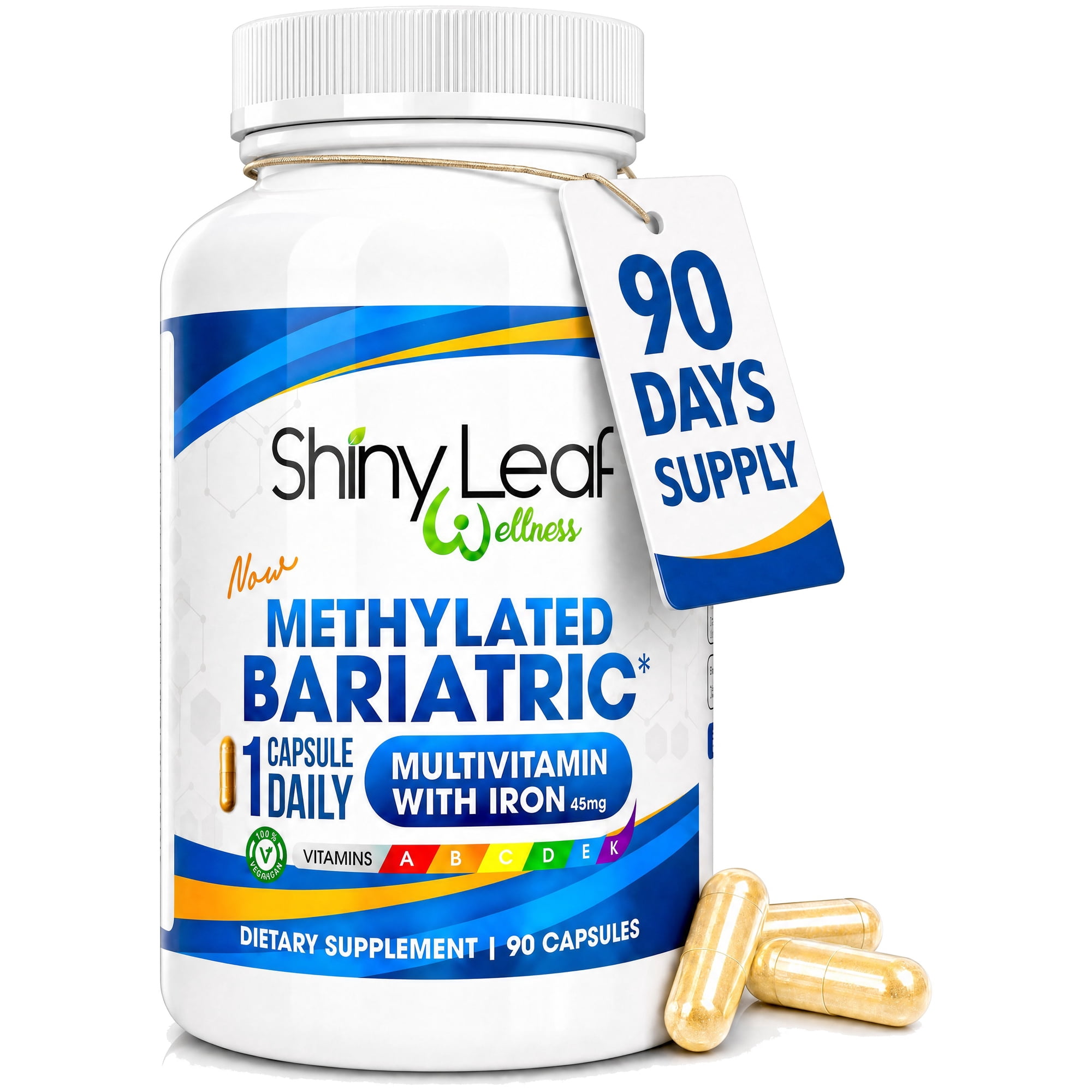 Shiny Leaf Methylated Bariatric Multivitamin with Iron - 45 mg for Gastric Bypass, Sleeve, Roux-en-Y, Duodenal Switch, Made In USA, 22 Vitamins & Minerals, ASMBS Compliant, Vegetarian, GMP, 90 Ct.