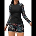 thumbnail image 2 of Traje de Baño de Dos Piezas con Camiseta y Pantalones Cortos de Larga para Mujer con Sujetador Incorporado Azul Naranja M, 2 of 10