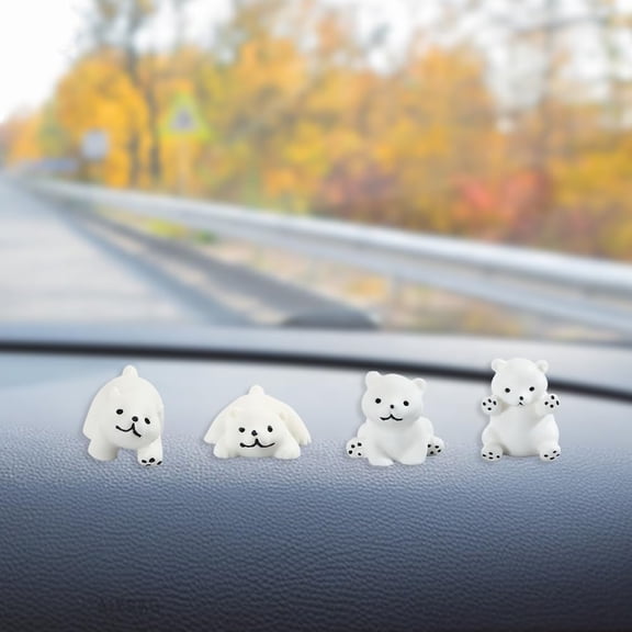 White 4 Pcs Cute Polar Bear Car Rearview Mirror Accessories Mini Car Dashboard Decorations Car Interior Decorations Resin Car Animal Ornament Gifts with Sticker for Home Office Desk Decor White