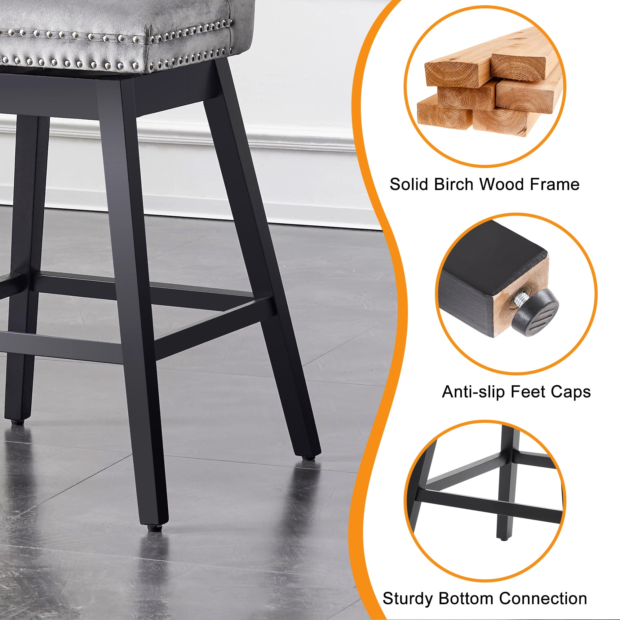 TEWLOSS 30" Swivel Bar Stools Set of 3, Gray Velvet Bar Height Chairs with Back for Home Pub