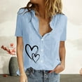 thumbnail image 2 of Wycnly Womens Shirts V-Neck Short Sleeve Heart Print Summer Cute Tops Fashion Button Down Lapel Soft Cotton Linen Cardigan Blouses Blue s Clearance Under $5, 2 of 6