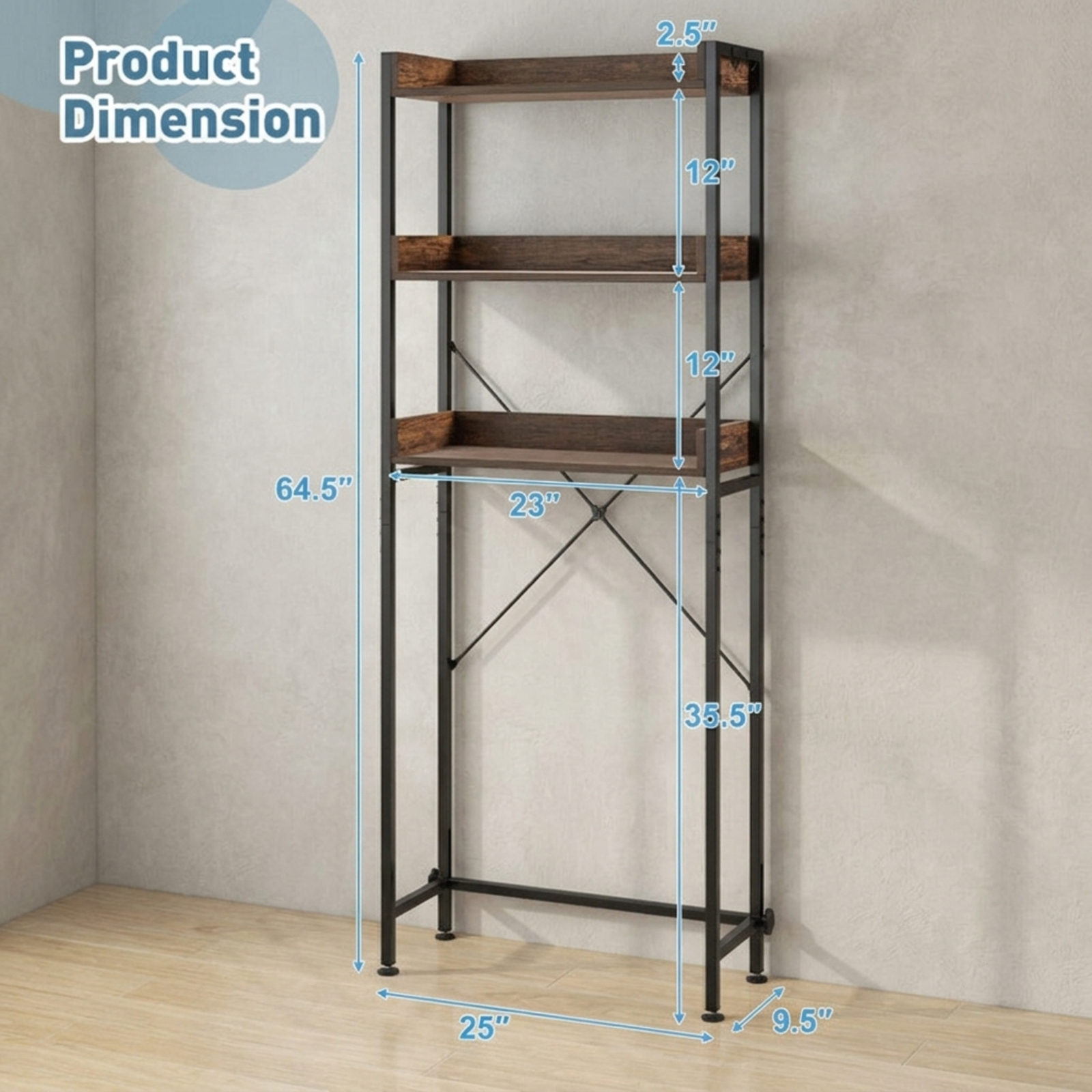 Vebreda Over-the-Toilet Storage, Over The Toilet Storage Rack with Hooks and Adjustable Bottom Bar, Large Storage Space, Make Full Use of Space
