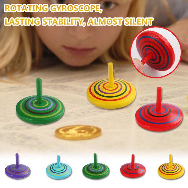 Wooden Hand Rotating Small Gyroscope Decompression Wooden Cartoon Toys 6pcs