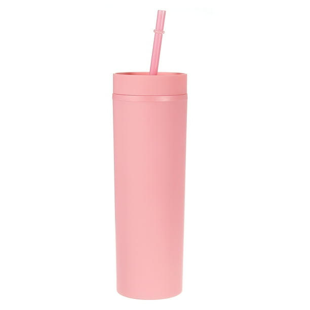 Vaso delgado con tapas y pajitas 16Oz Rosa Unique Bargains Doble Pared Plástico para Frías Calientes Bebidas