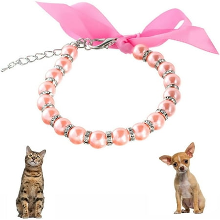 QIUYIDP Rhinestones & Pearl Dog Collar - White Pearl Cat Necklace - Beaded Bling Diamond Puppy Jewelry for XXS/XS Small Dogs & Kittens - Ideal for Chihuahua  Yorkie - Wedding Accessories (Size S)