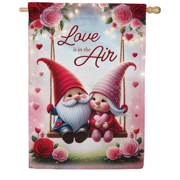 America Forever Gnome Love Romance Double Sided House Flag 28 x 40 inch Valentines Day Couple Heart Swing Floral Decorative Yard Outdoor Seasonal Holiday Banner Decoration