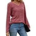 thumbnail image 4 of HUBERY Women Rib Knitted V Neck Long Sleeve Solid Color Pullover Top, 4 of 7