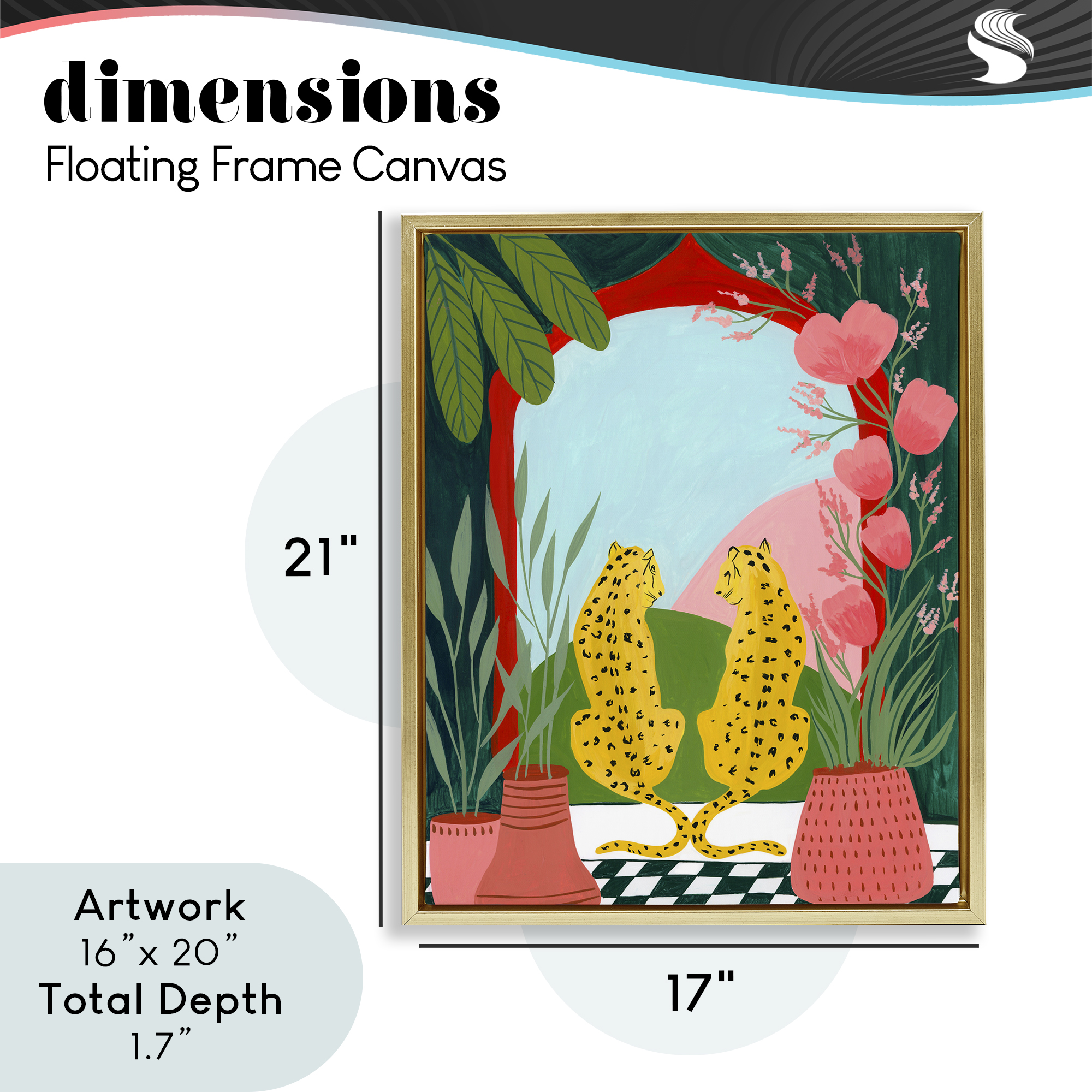 Twin Leopard & Plants Gold Framed Floater Canvas Wall Art, design by Nabeela Rumi