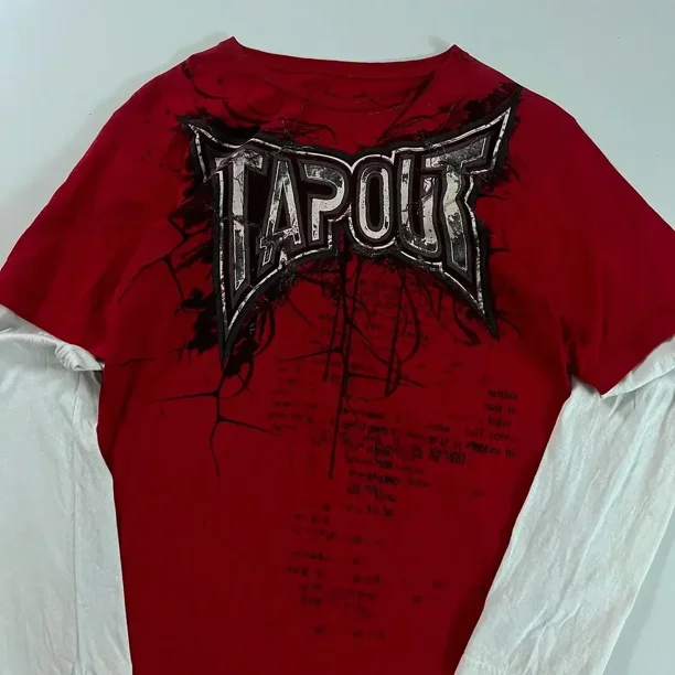 Y2K T shirt Men New Hip Hop Red TAPOUT Printing Round Neck
