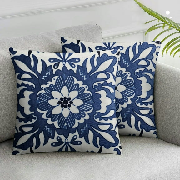 JRXY Navy Blue Ethnic Boho Pillow Covers 2pcs Bohemian Carpet Style Vintage Navy Flower Print Decorative Throw Pillows Outdoor Square Cushion Case Farmhouse Decor for Home Sofa Bed White
