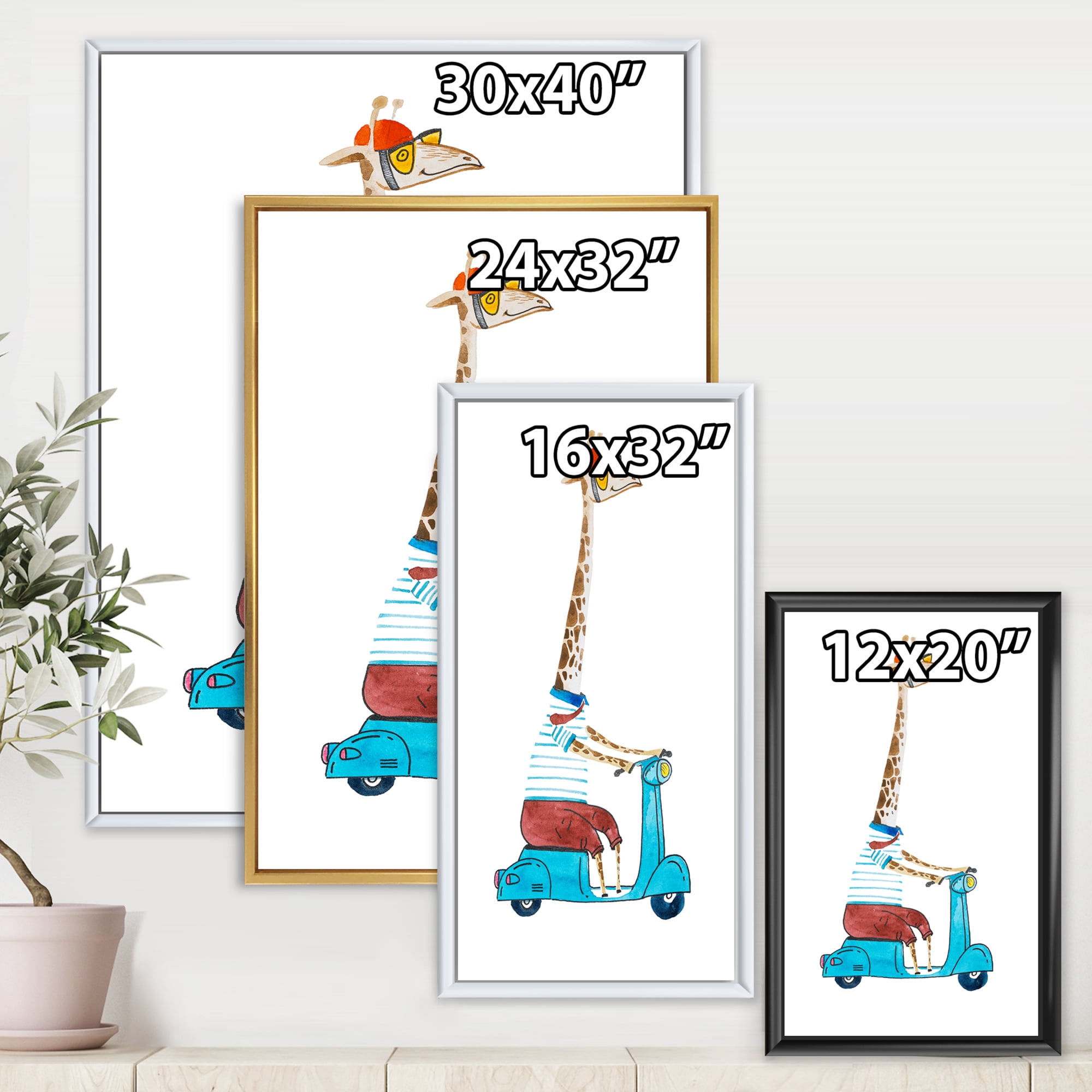 Designart 'Giraffe Dressed Up Wearing Helmet & Riding Blue Scooter' Children's Art Framed Canvas Wall Art Print