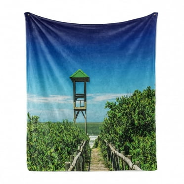 Beach Soft Flannel Fleece Blanket, Jetty Pier Leading to Tropical Seacoast Greenery Bushes Sand Travel Destinations, Cozy Plush for Indoor and Outdoor Use, 70" x 90", Blue Fern Green, by Ambesonne
