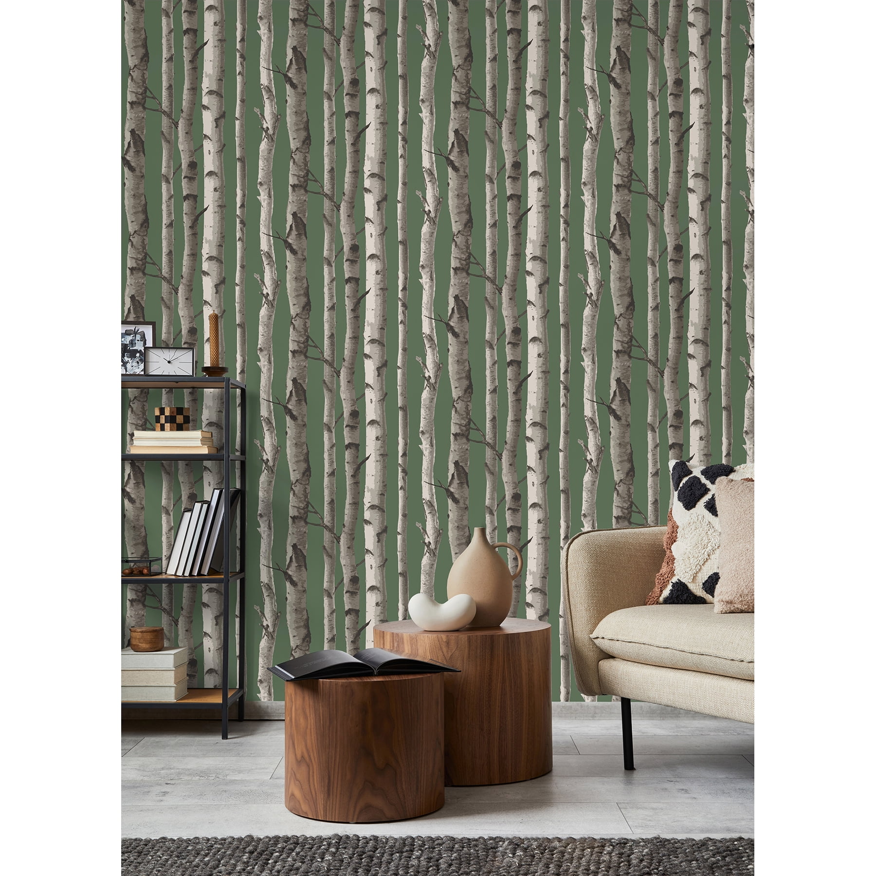 Fine Decor Chester Dark Green Birch Trees Wallpaper, 20.5-in by 33-ft