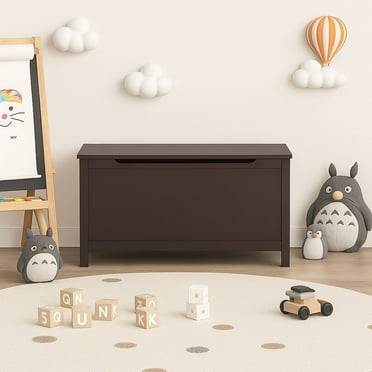L31.5” Wood Toy Box Bench , Large Storage Chest with Safety Hinges - Brown