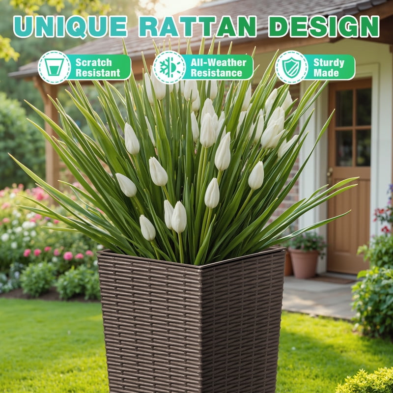 Devoko 24" Tall Planters for Outdoor Plants Set of 2, Woven-Textured Outdoor Plant Pots with Trays for Patio, Front Porch