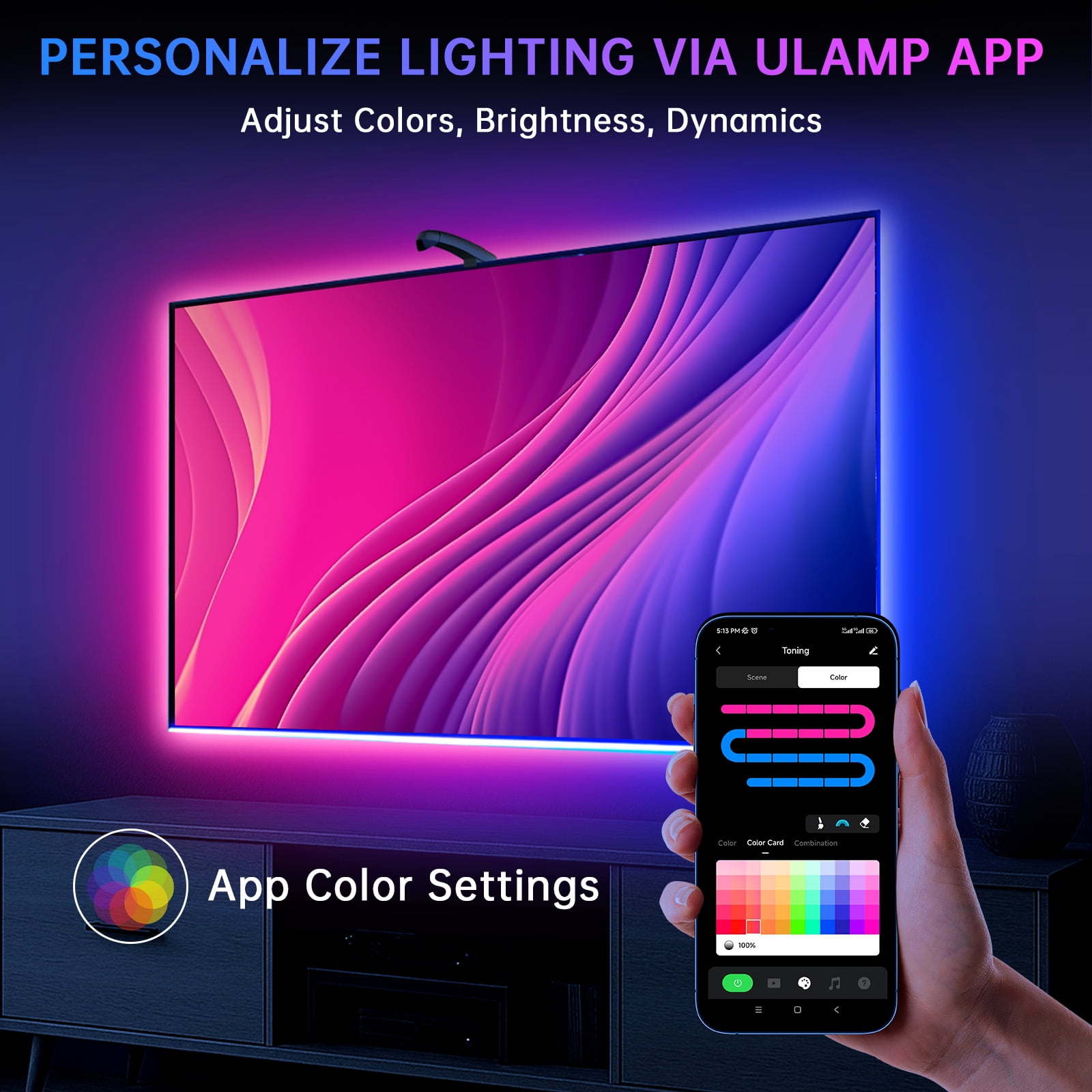 Soifcik 14.76ft TV LED Backlight with Screen Sync Sensor, App Control RGB Strip for 55-65" TVs, Game & Movie Color Changing