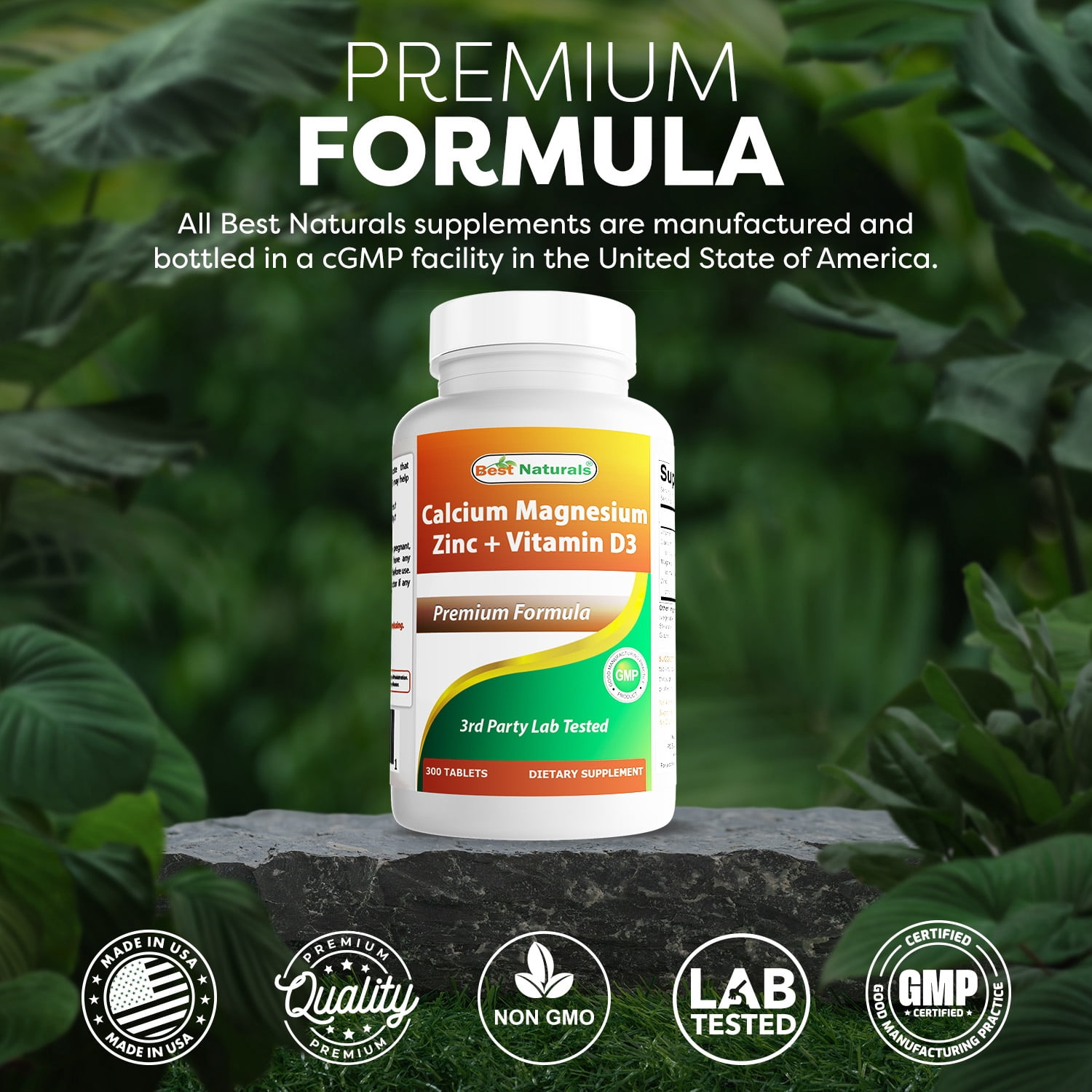 (2 pack) Best Naturals Calcium Magnesium Zinc with Vitamin D3, 300 Tablets - Calcium 1000 mg, Magnesium 400 mg, Zinc 25 mg & D3 600 IU per Serving (3 Tablets)