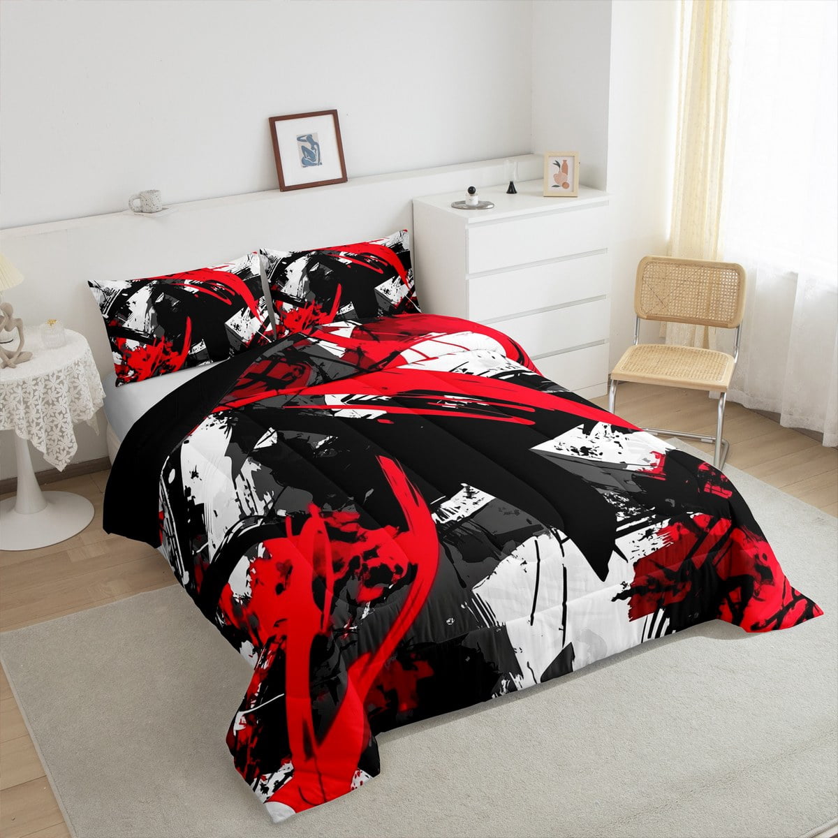 Manfei Black Red Stipes Comforter Sets Queen Size, Abstract Geometric Down Comforter, Teenager Adult Reversible Bedding Queen Comforter Set, Lightweight Room Decoration, 3pcs