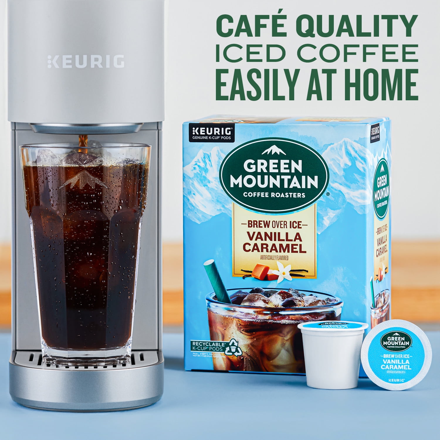 Green Mountain Coffee Roasters Brew Over Ice Vanilla Caramel, Single Serve Keurig K-Cup Pods, Flavored Iced Coffee, 24 Count