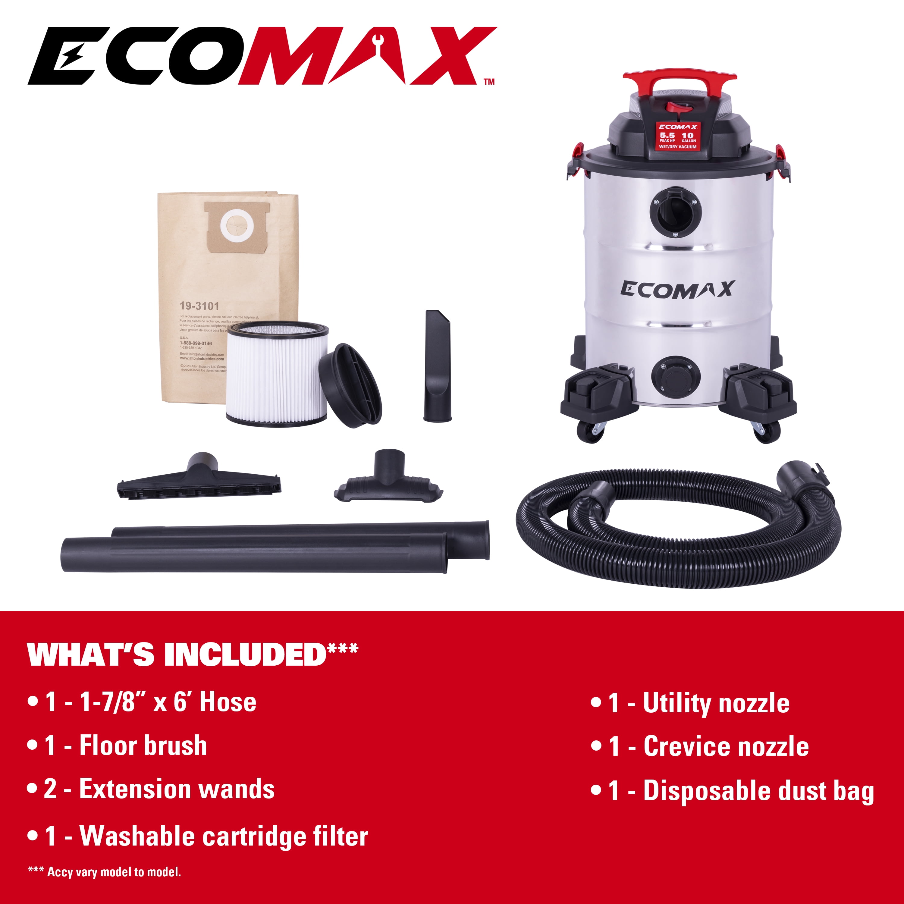 Ecomax EM18156 Wet/Dry Shop Vacuum, 10-Gallon 5.5HP Stainless Steel Tank – Ideal for Garage, Car & Jobsite Use