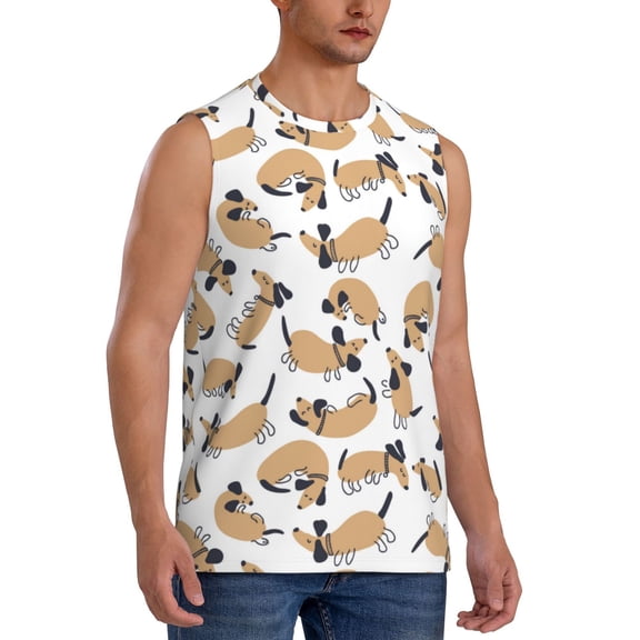 Fotbe Men's Dachshund Dog Puppy Print Men's Sleeveless Muscle Tank Tops Casual T-Shirts for Gym Workout Beach-Medium