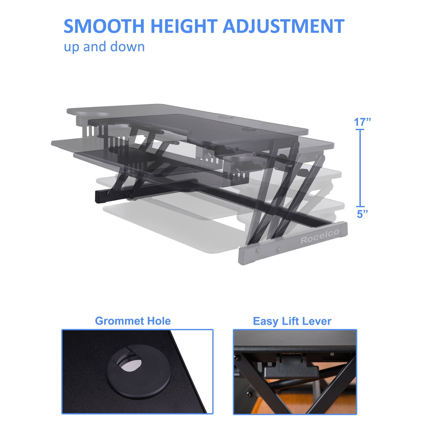 Rocelco 37.5" Deluxe Height Adjustable Standing Desk Converter in Black