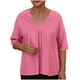 thumbnail image 1 of Camisetas de Manga Media para las Mujeres Color Sólido Raglan V-Cuello Patchwork Plisado Top, Nylon Spandex, 1 of 7