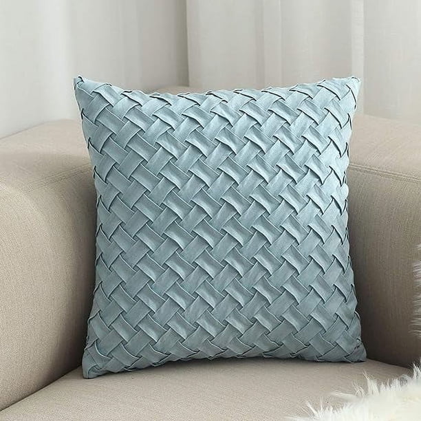 Nvzi Funda de almohada decorativa con diseño de tejido de canasta, de gamuza súper suave, cuadrada y lisa (azul claro, 45,7 x 45,7 cm)