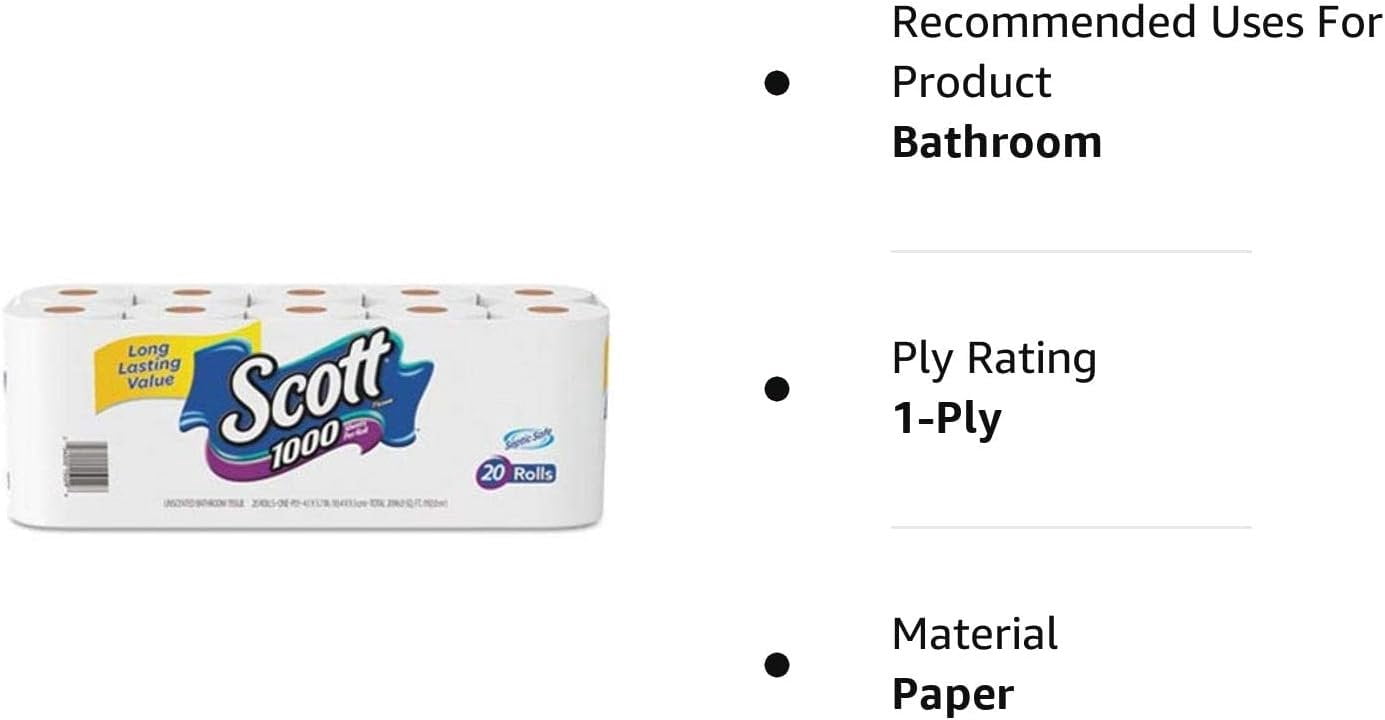 Scott 20032 1000 Bathroom Tissue, 1-Ply, White, 1000 Sheet/Roll, 20/Pack