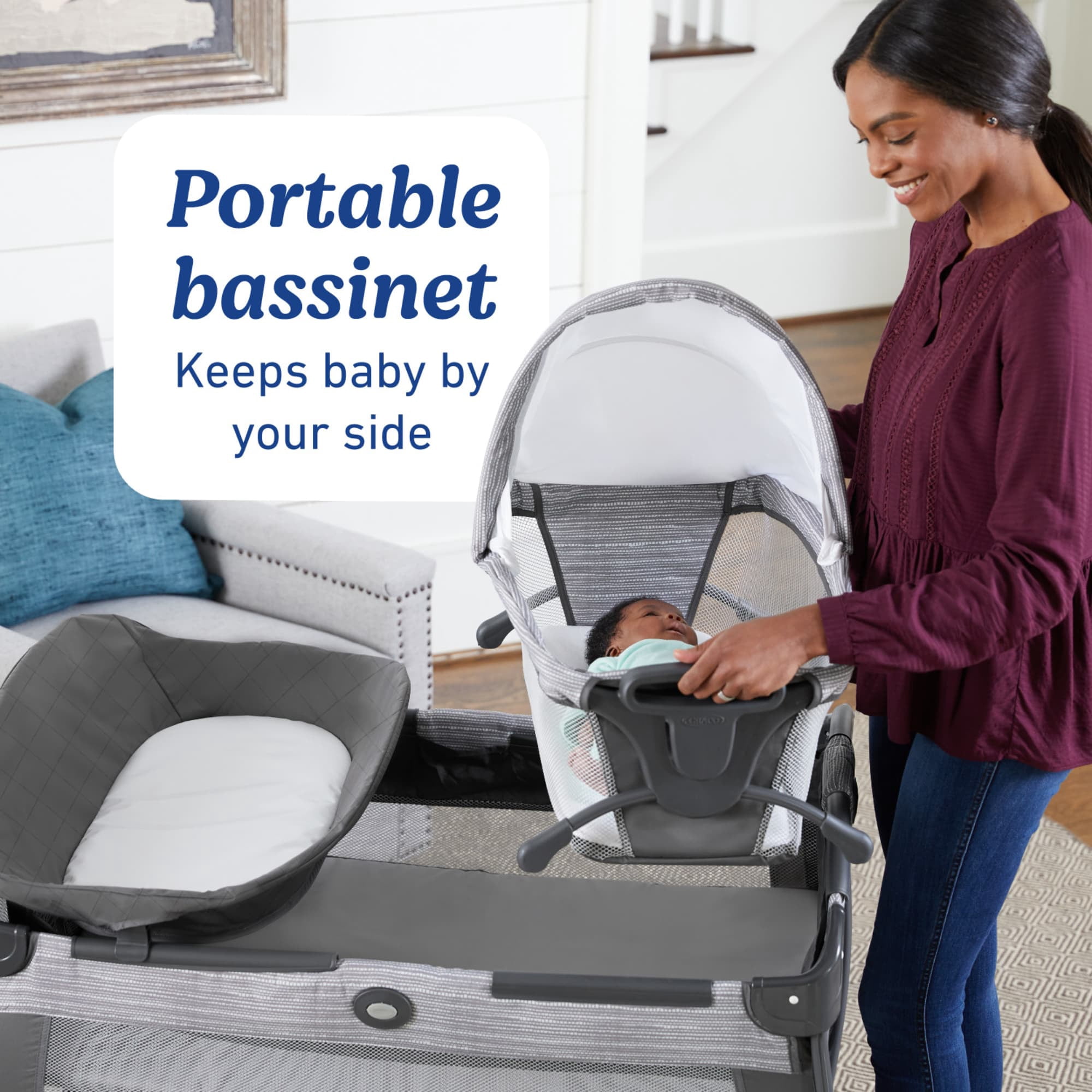 Graco Pack 'n Play Close2Baby Bassinet Playard, Derby, Grey