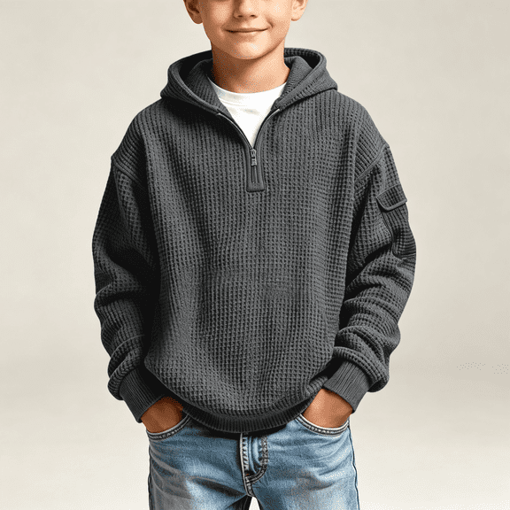 NEBWOAK Boys Casual Half Zip Pullover Hoodie, Waffle Knit Long Sleeve Sweatshirt with Arm Pocket,Dark Gray,Size 7-8T