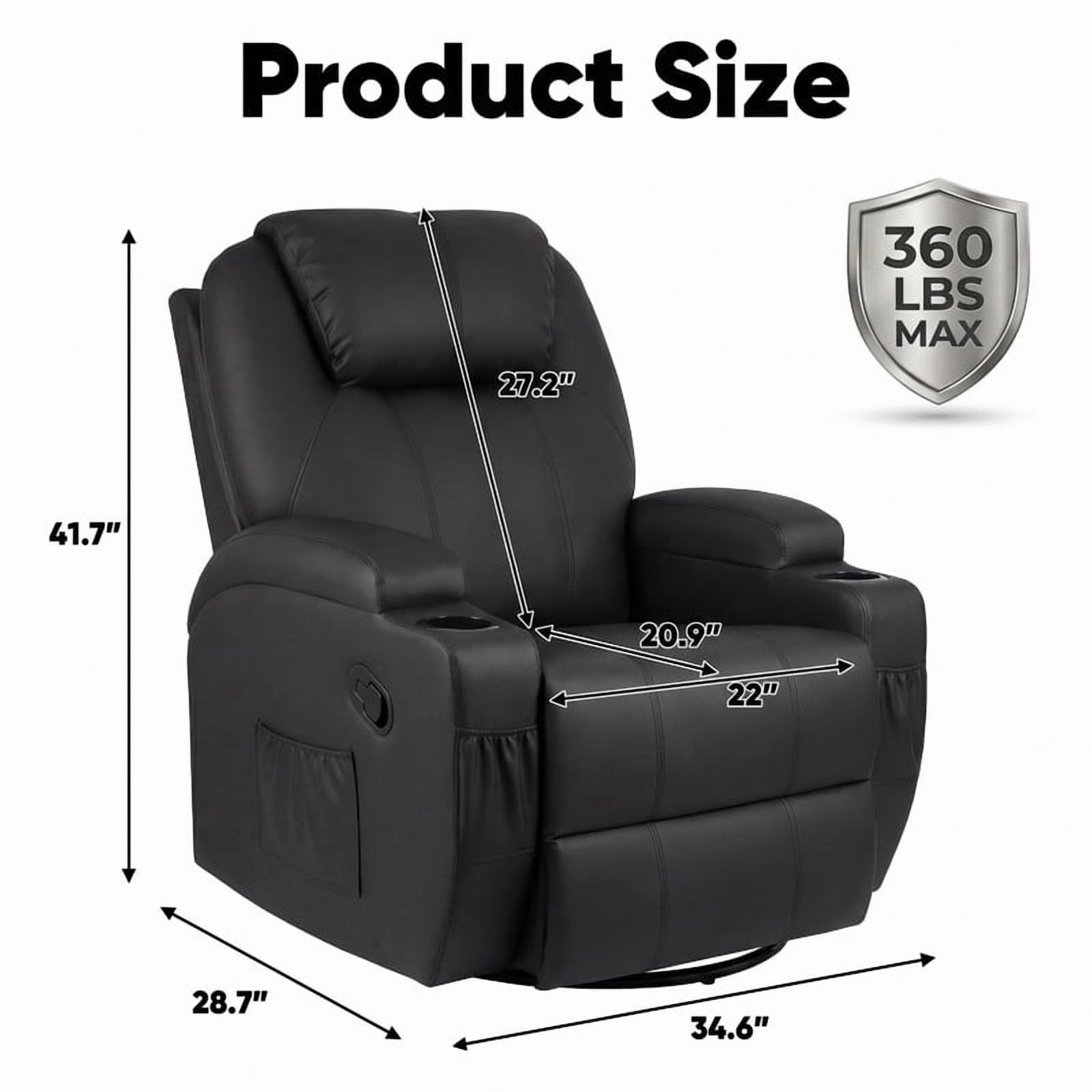 Lacoo PU Leather Swivel Rocker Recliner with Massage for Living Room Small Spaces Lounge Recliner Chair with Side Pockets for Adults,PU Black